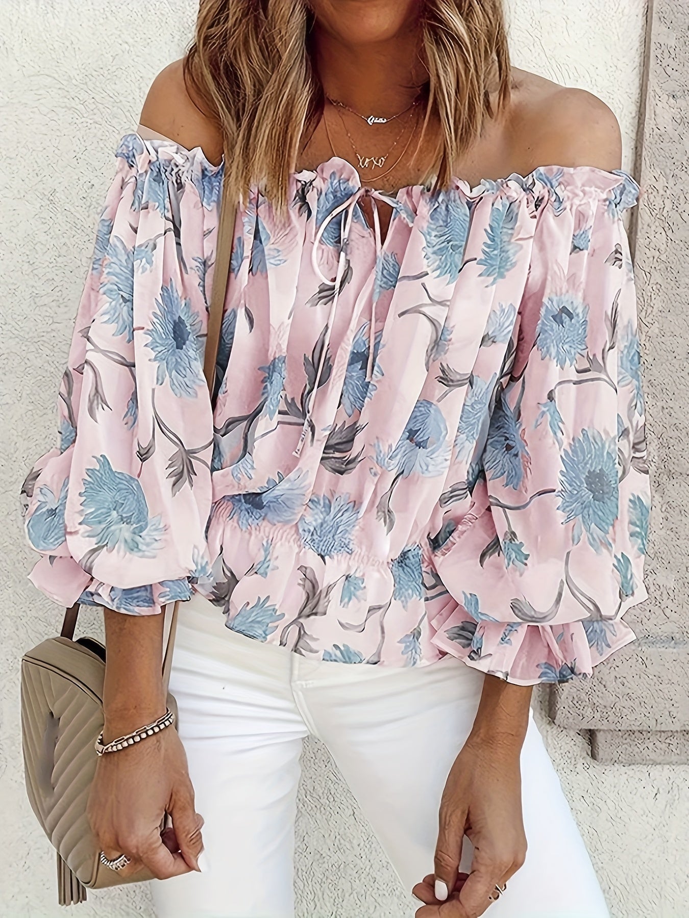 Rosa Rüschenbluse mit Blumenmuster - Olivia