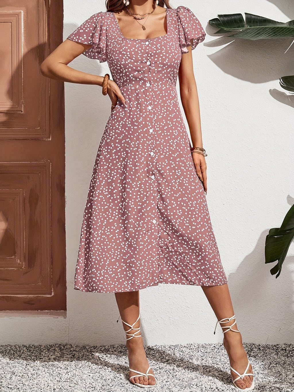 Rosa Herzchen-Kleid mit Knopfleiste - Lina