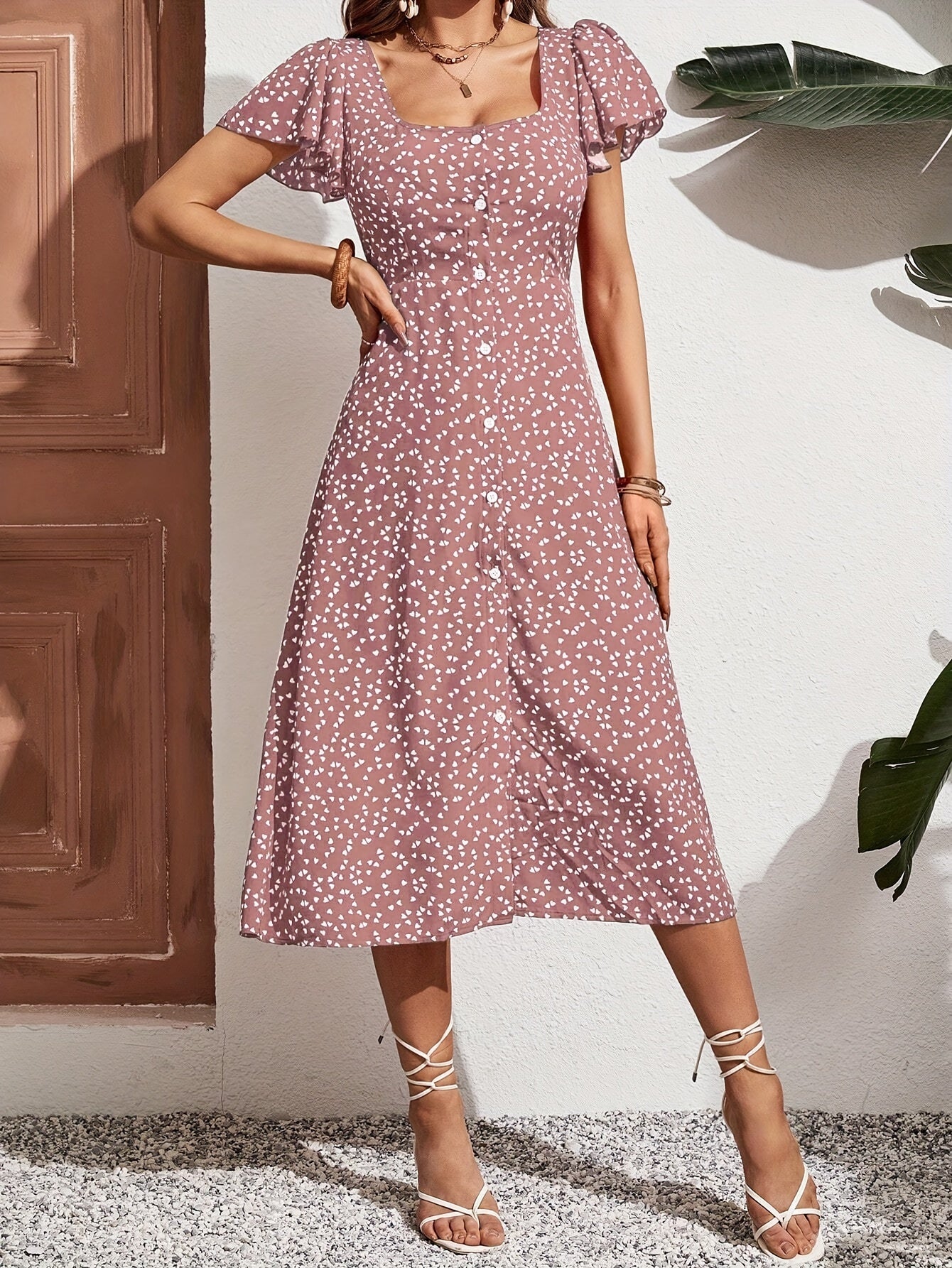 Rosa Herzchen-Kleid mit Knopfleiste - Lina