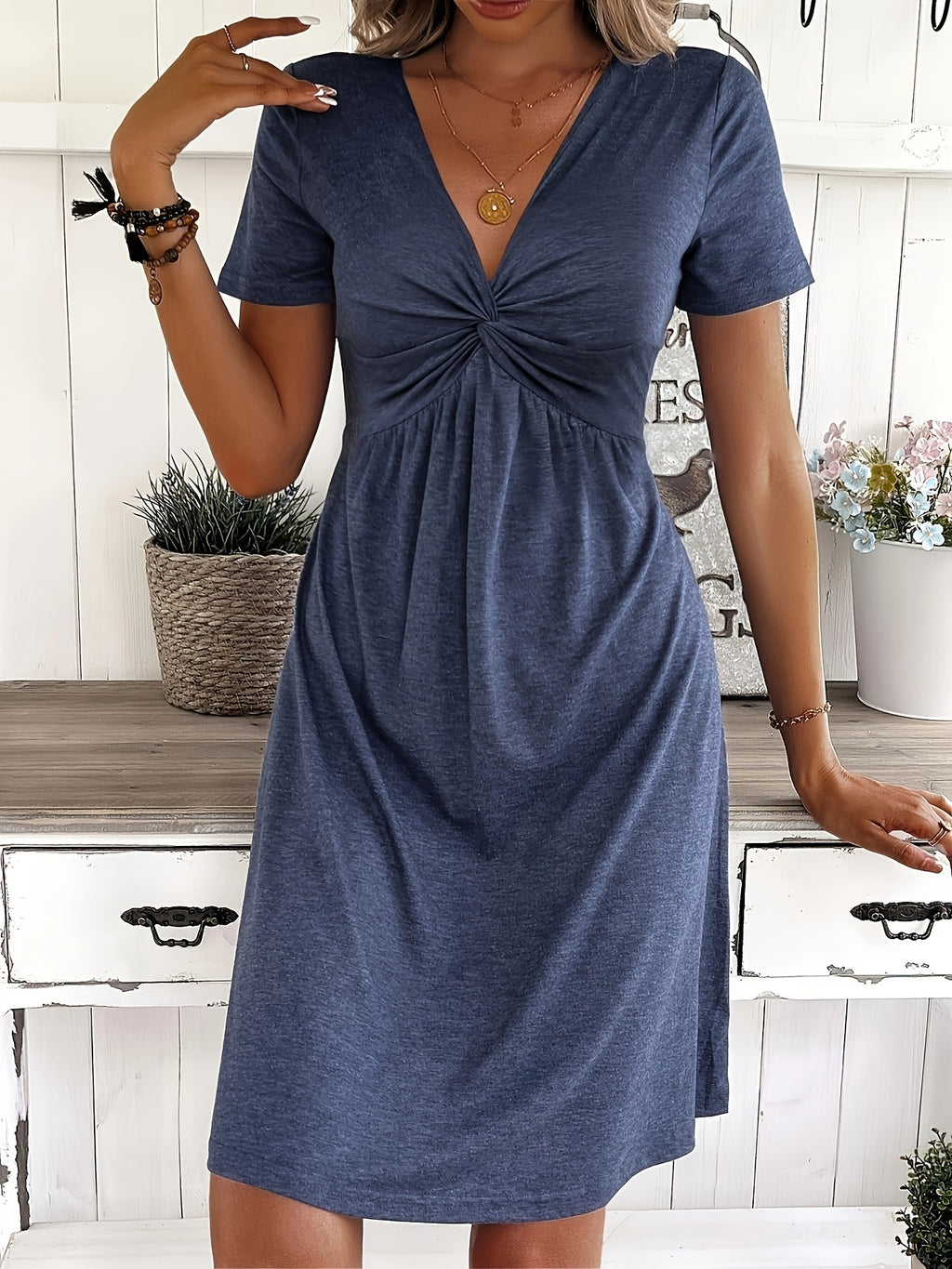 Marineblaues Rüschenkleid mit V-Ausschnitt - Ella