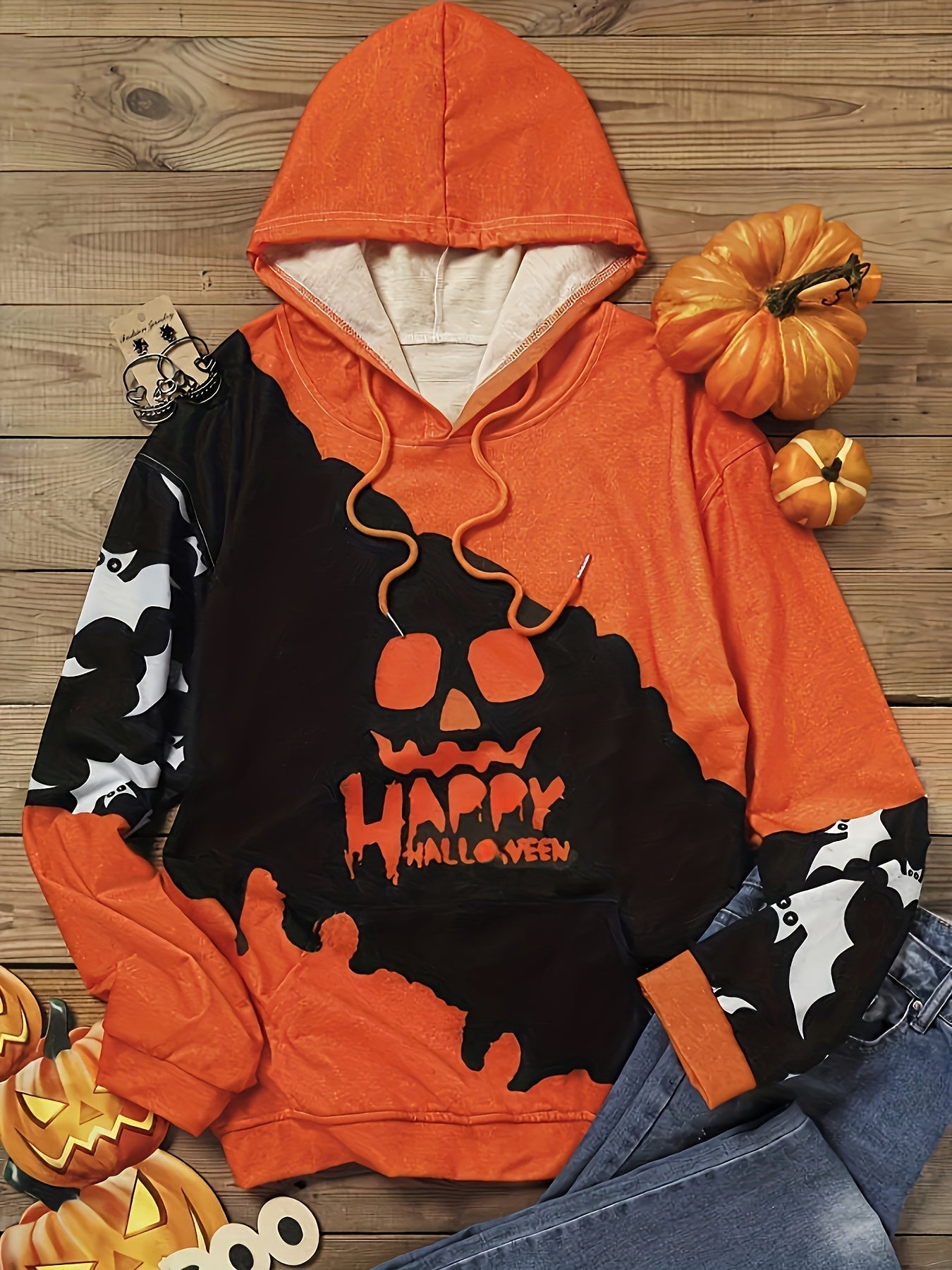 Orange Schwarze Kürbisdruck-Hoodie - Sara