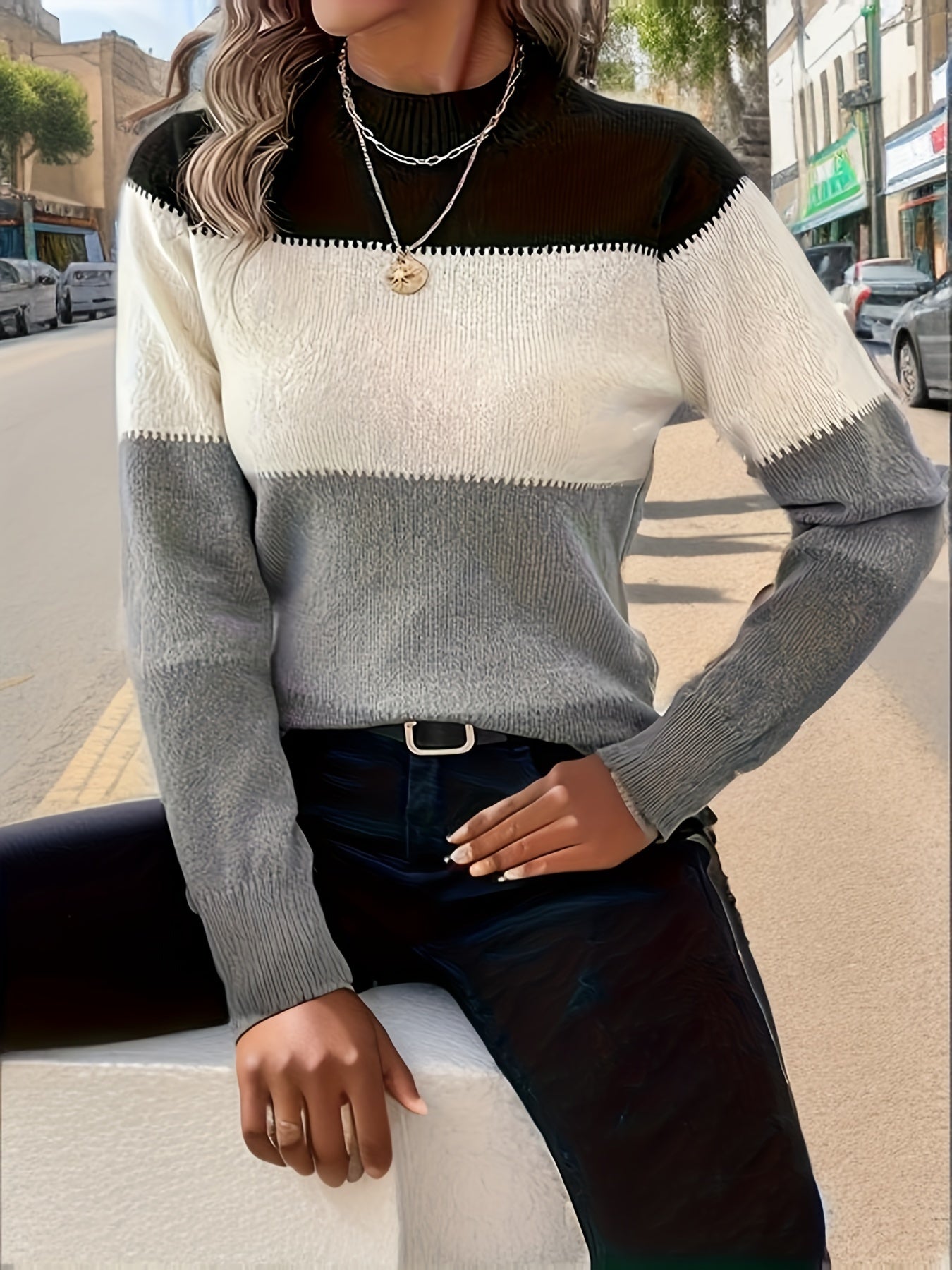Schwarz-Grauer Colorblock Pullover - Sophie