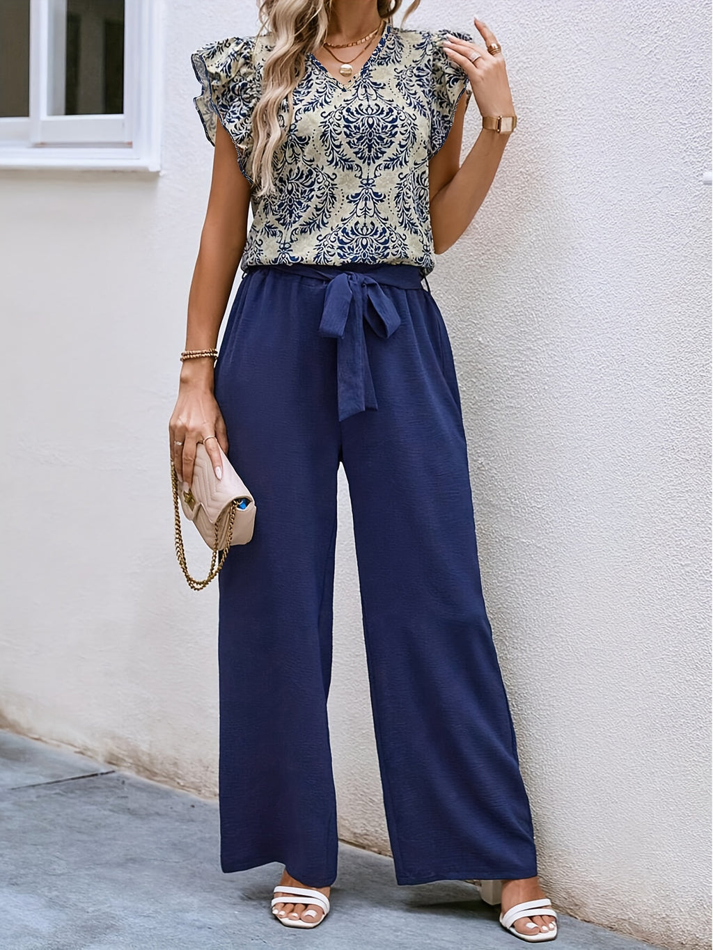 Marineblaues Damast-Hosen-Set - Emma