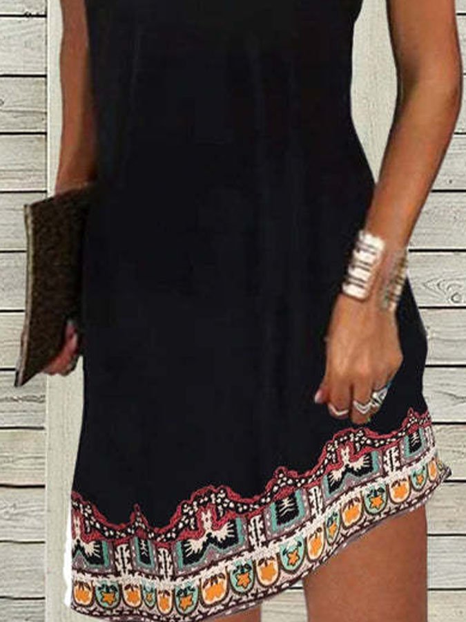 Schwarzes Vintage Print Kleid mit Kurzen Ärmeln - Nora
