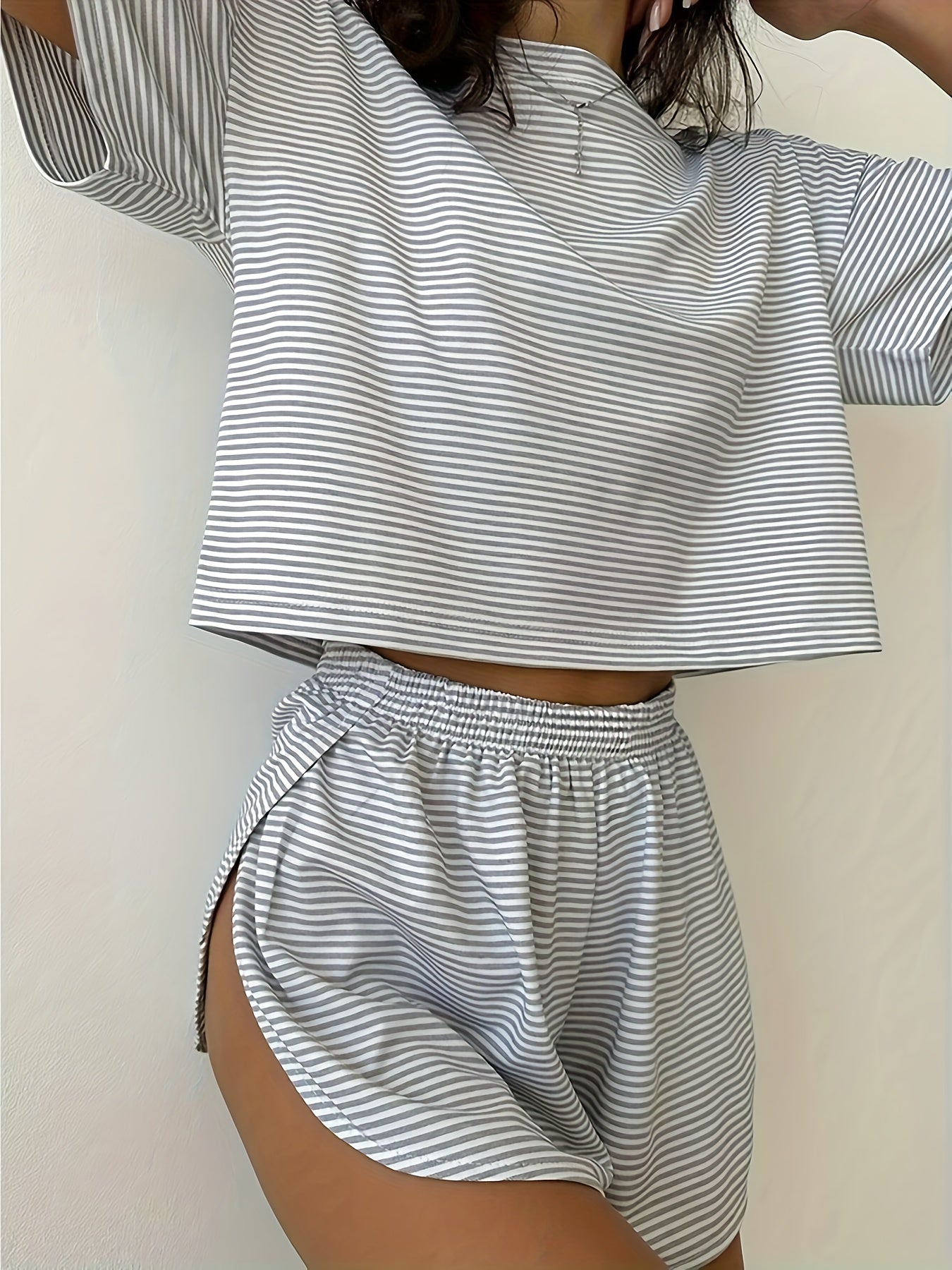 Graues Gestreiftes Casual Pyjama-Set - Luna