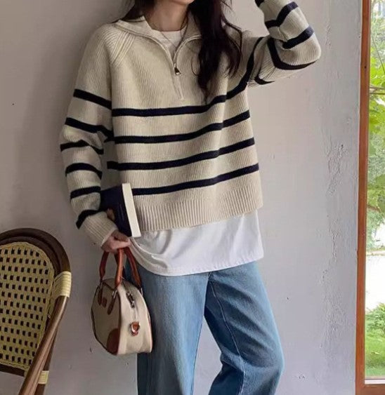 Gestreifter Off-Shoulder Pullover – Léa Apricot