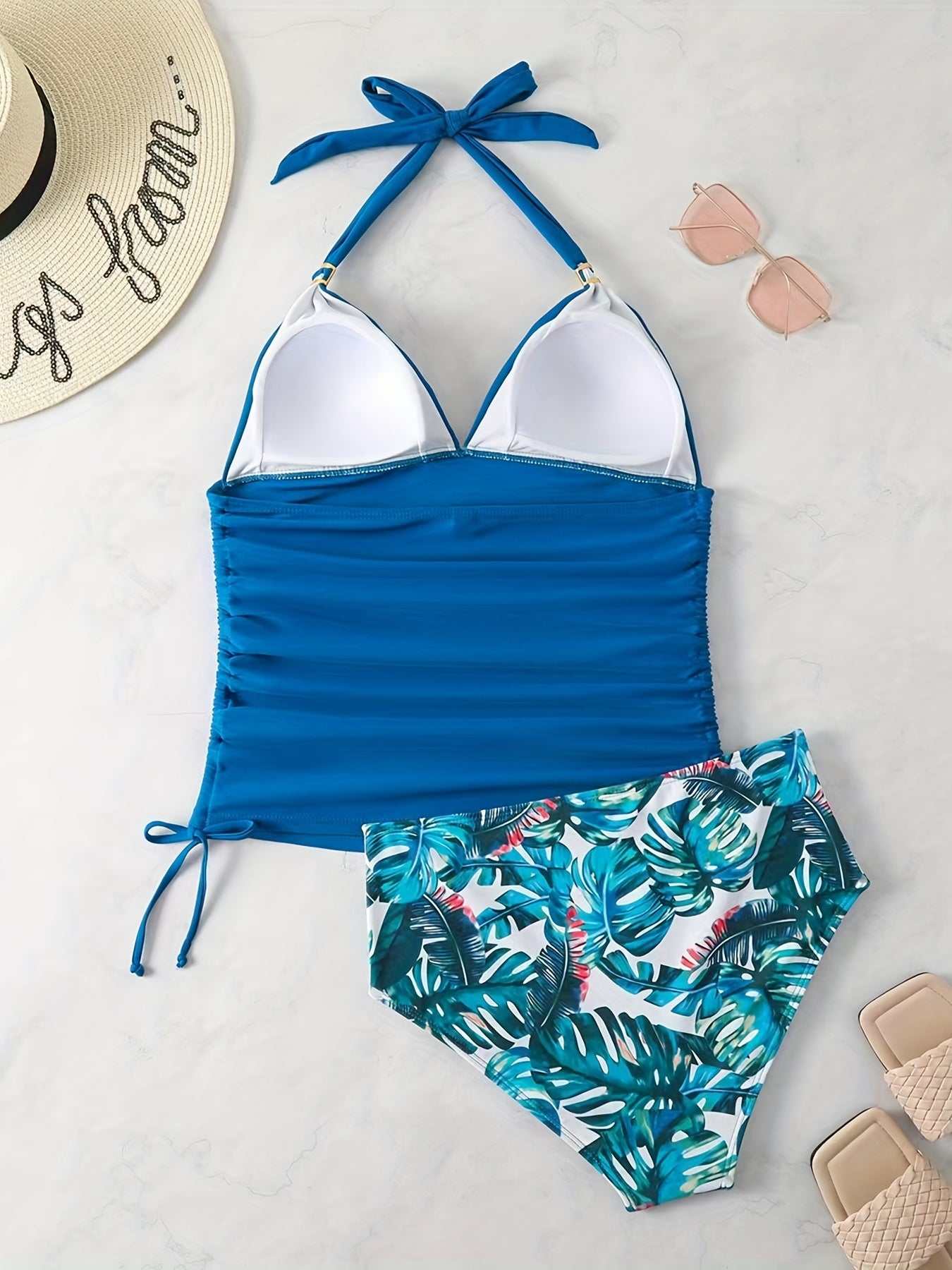Blaues Tankini-Set mit Blätterdruck - Anna