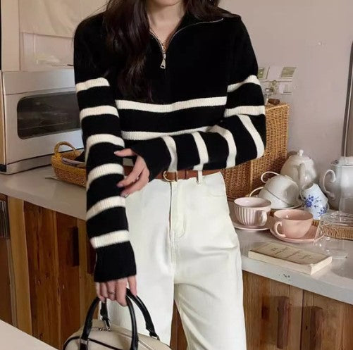 Gestreifter Off-Shoulder Pullover – Léa Apricot