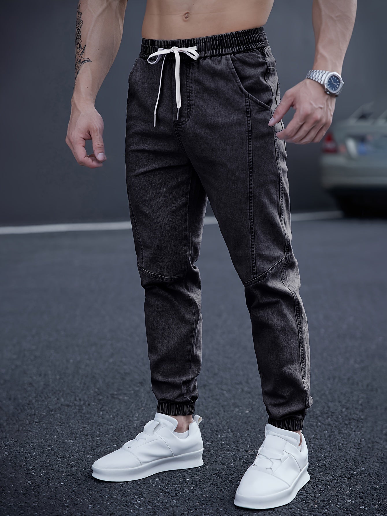 Schwarze Jogger-Jeans mit Kordelzug - Leo