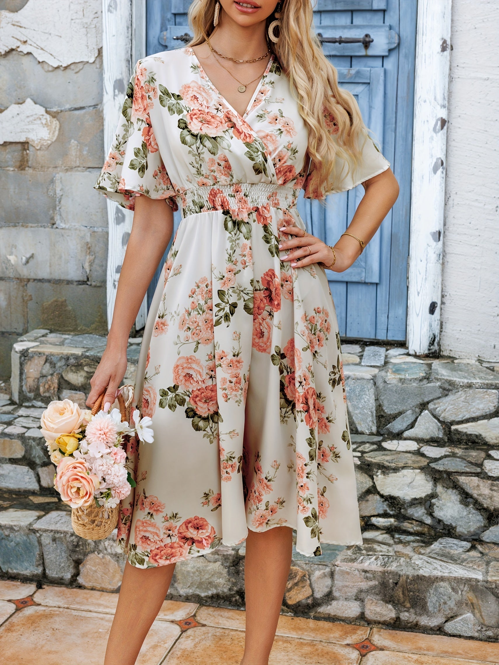 Apricotfarbenes V-Ausschnitt Kleid - Mila