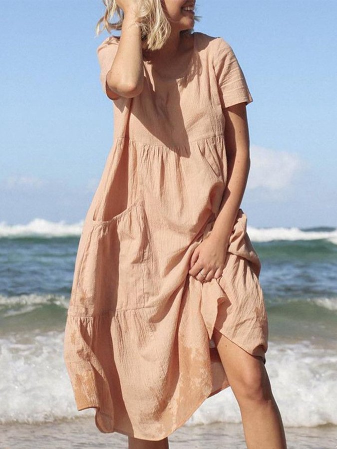 Emma - Gelbes lockeres Midi-Kleid mit Rundhalsausschnitt