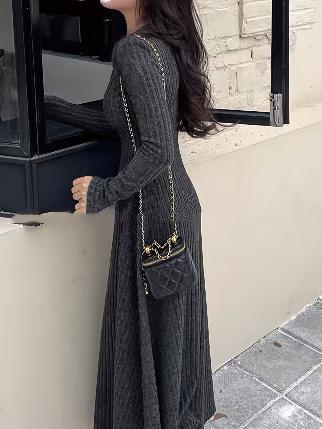 Aprikosen Ribstrick Fit & Flare Kleid - Emma