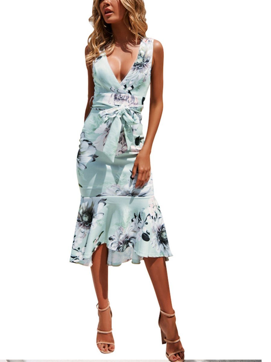 Weißes Blumen V-Ausschnitt Kleid - Lea