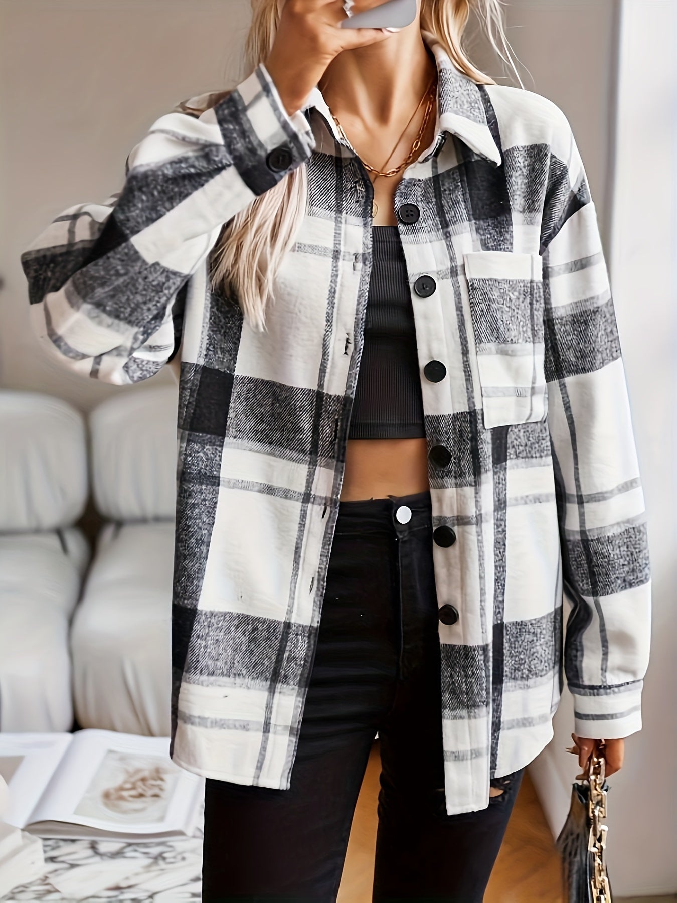 Graue Karierte Jacke mit Knöpfen - Emma