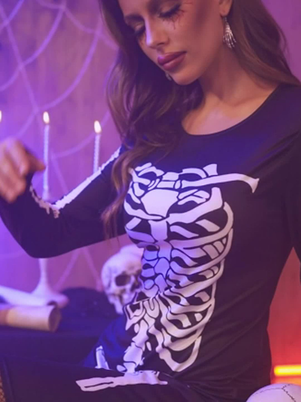 Schwarzes Halloween-Skelett-Kleid - Luna