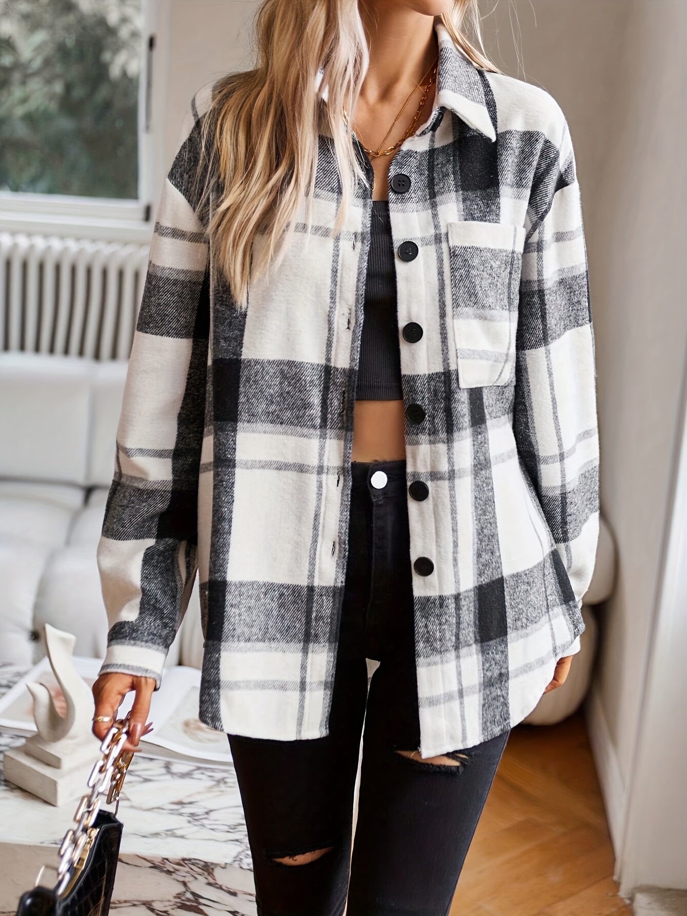 Graue Karierte Jacke mit Knöpfen - Emma