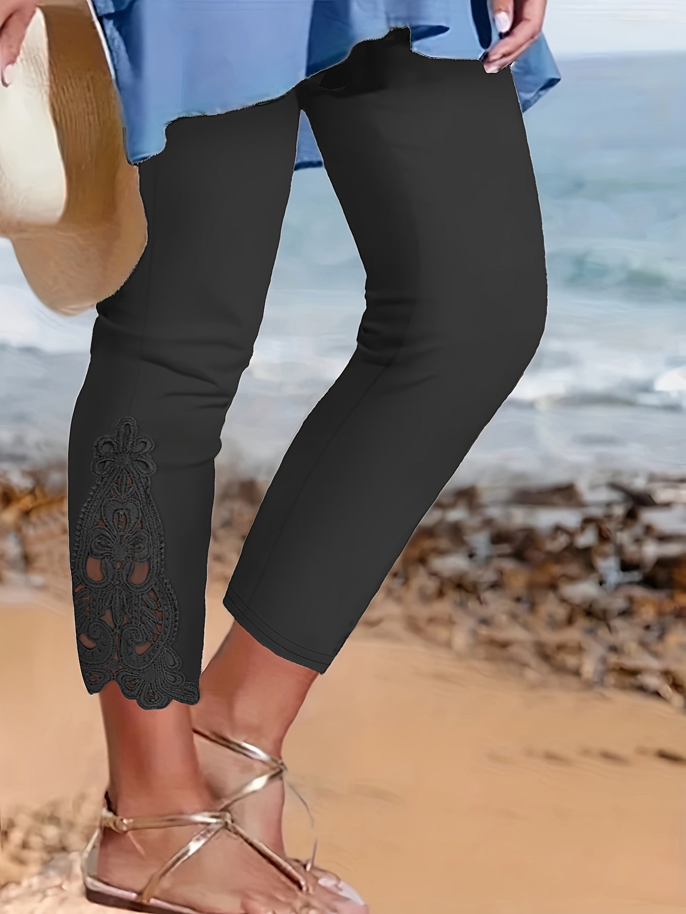 Marineblaue Plus Size Leggings mit Kontrastspitze - Lea