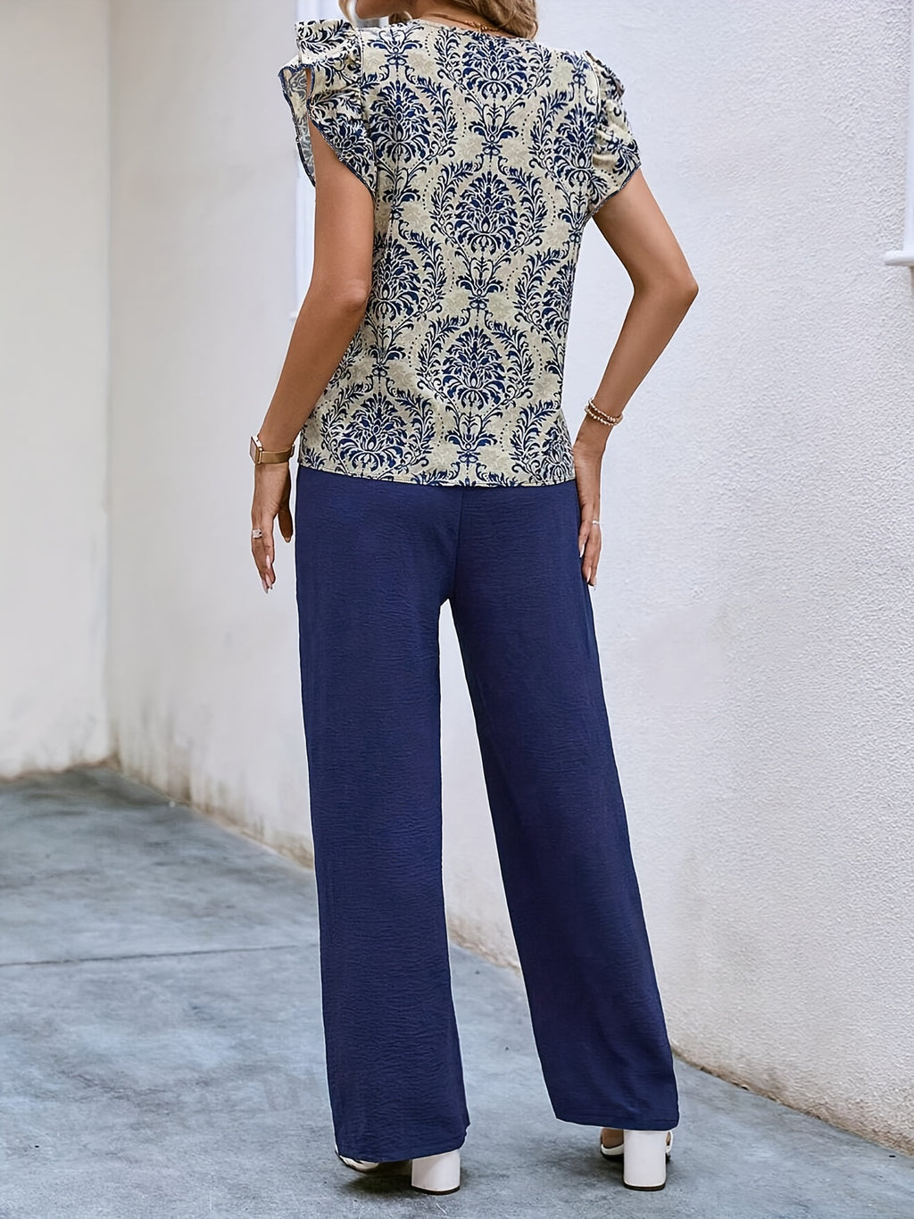 Marineblaues Damast-Hosen-Set - Emma