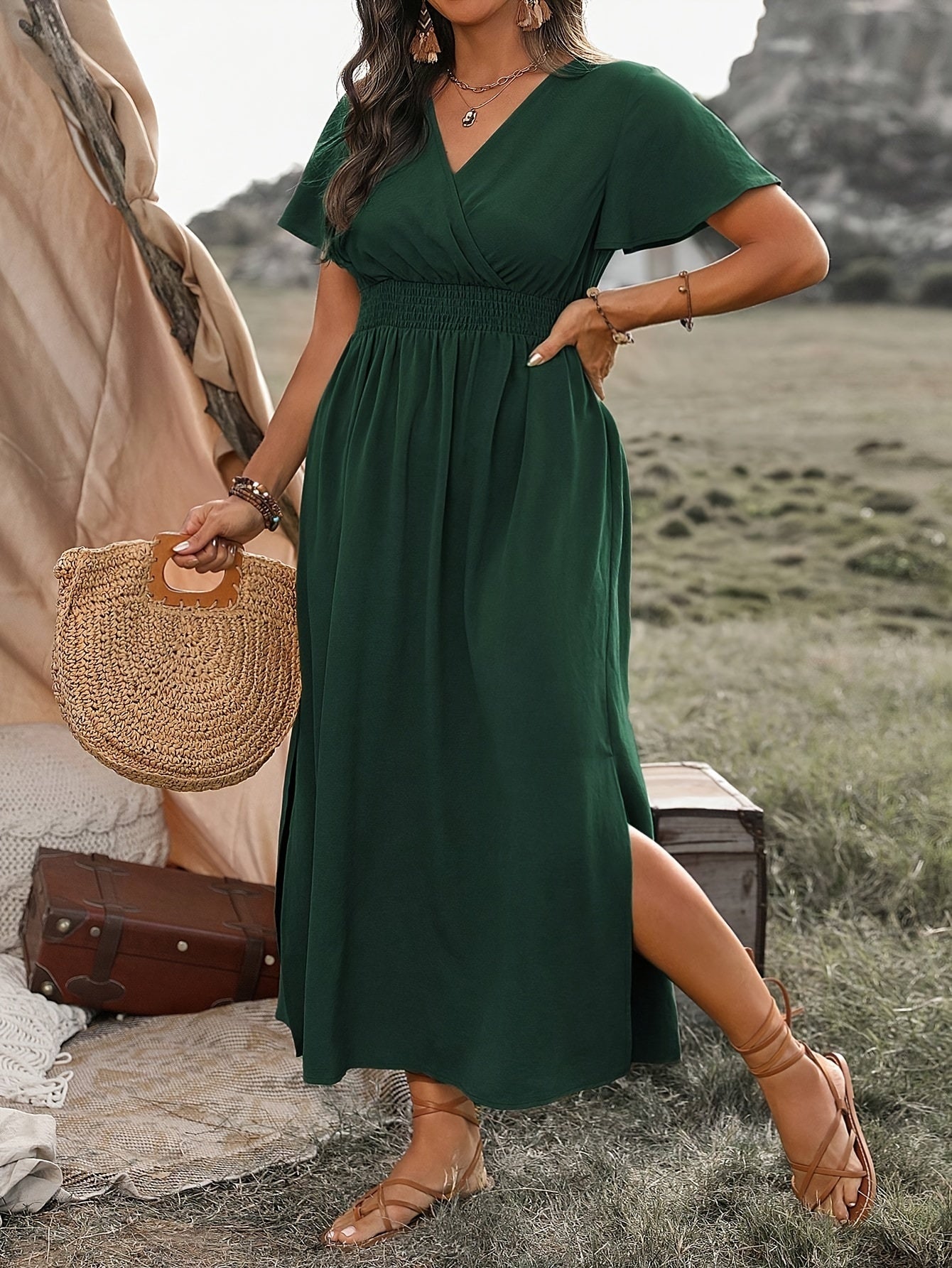 Armeegrünes Gerafftes Wickelkleid - Mila