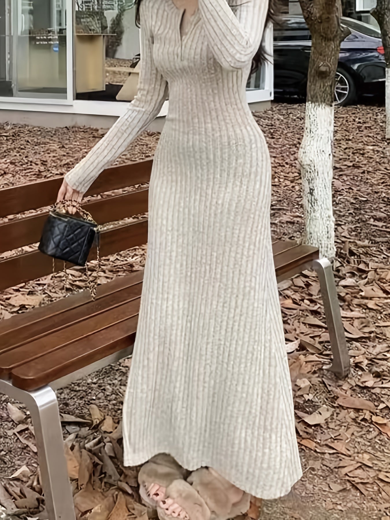 Aprikosen Ribstrick Fit & Flare Kleid - Emma