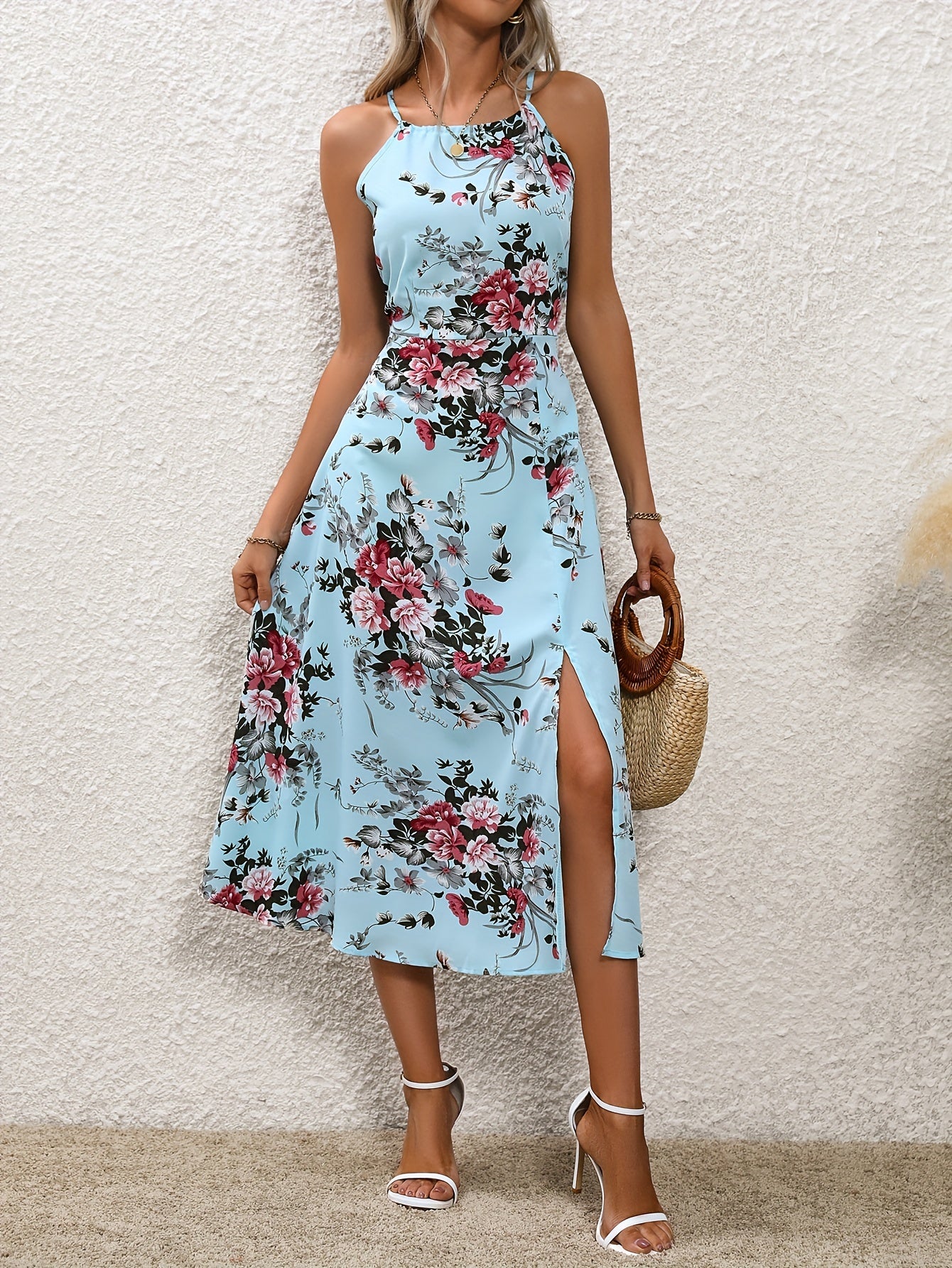 Hellblaues Blumen-Midi-Kleid - Eliza