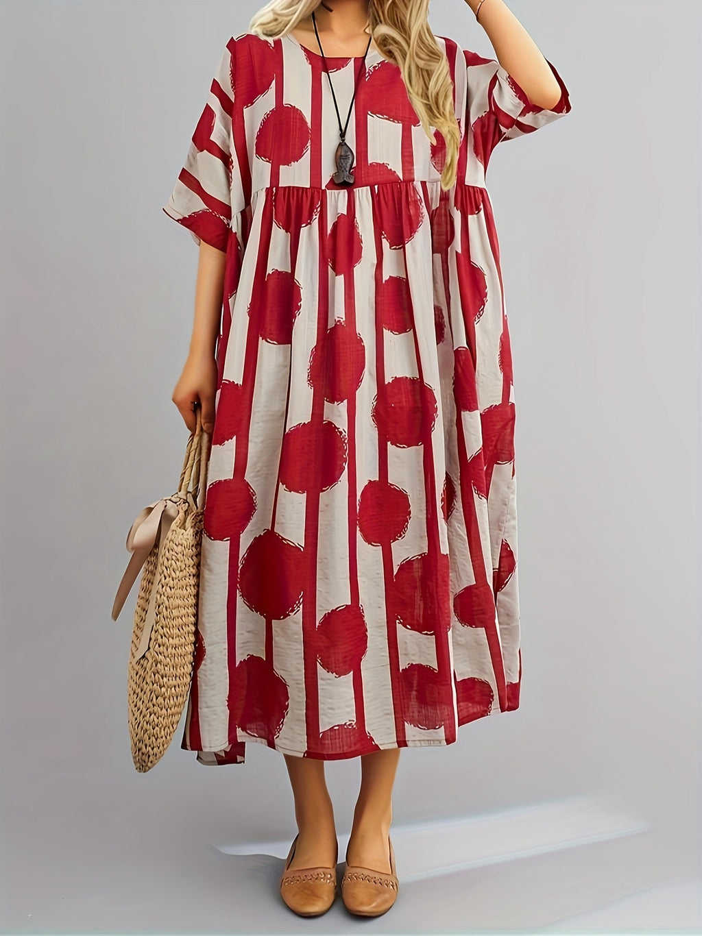 Rotes Pünktchen- und Streifenmuster-Kleid - Anna