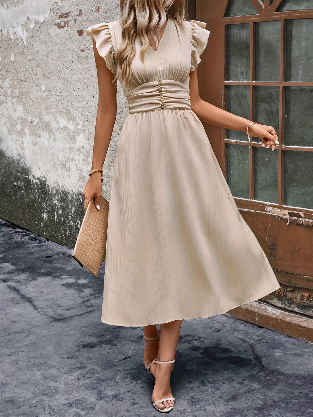 Khakifarbenes Rüschendetail Kleid - Alina