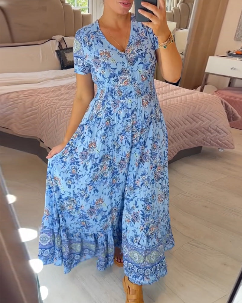 Aria - Blaues Boho-Kleid mit Blumenmuster für lässige Tage