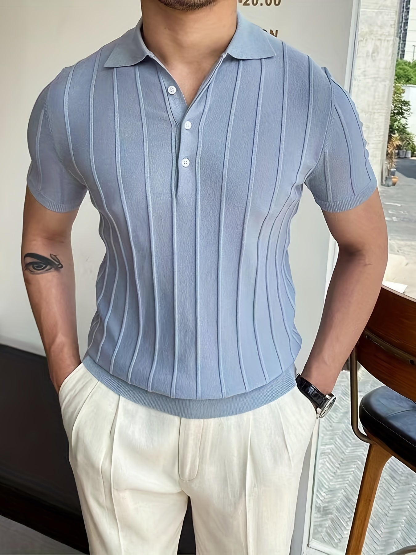 Hellblauer Gestreifter V-Ausschnitt Pullover - Sven