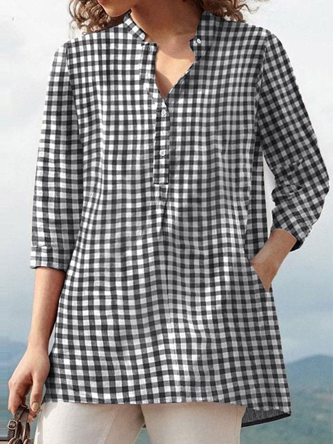 Chique Damen Karo 3/4 Ärmel Bluse