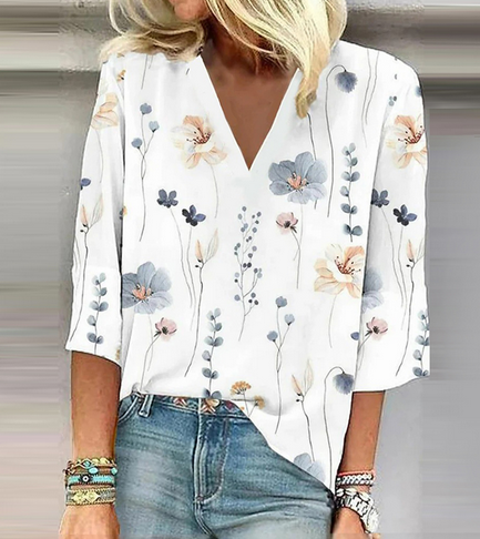 Blaue Blätterdruck Bluse - Nora