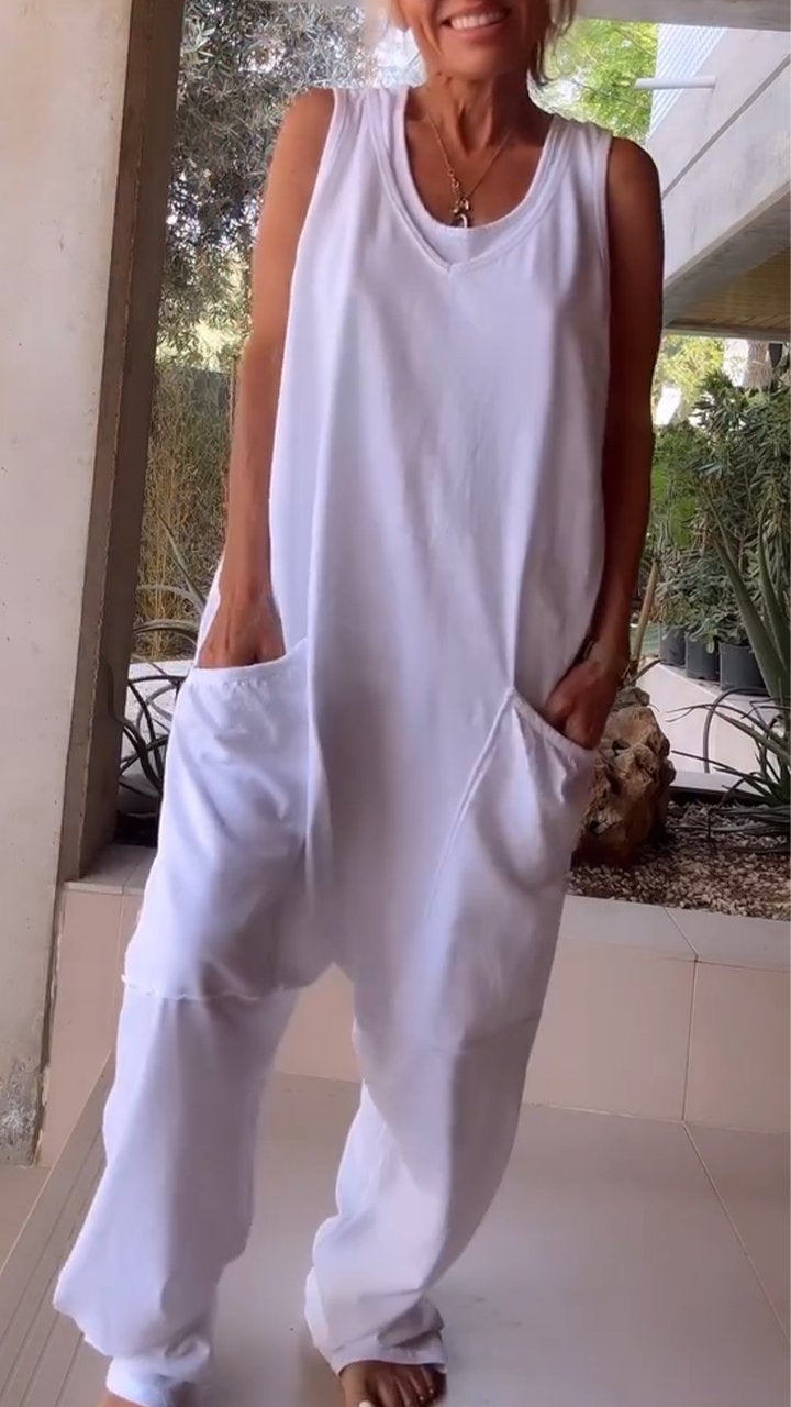 Weißer Ärmelloser V-Ausschnitt Jumpsuit - Fleur