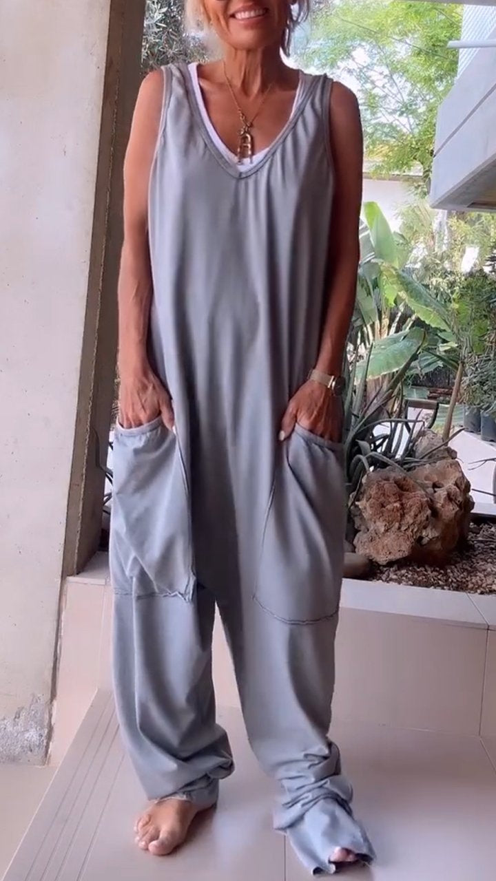 Weißer Ärmelloser V-Ausschnitt Jumpsuit - Fleur