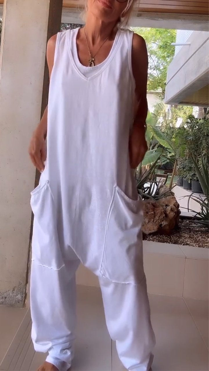 Weißer Ärmelloser V-Ausschnitt Jumpsuit - Fleur