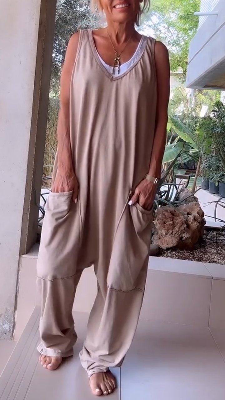Weißer Ärmelloser V-Ausschnitt Jumpsuit - Fleur