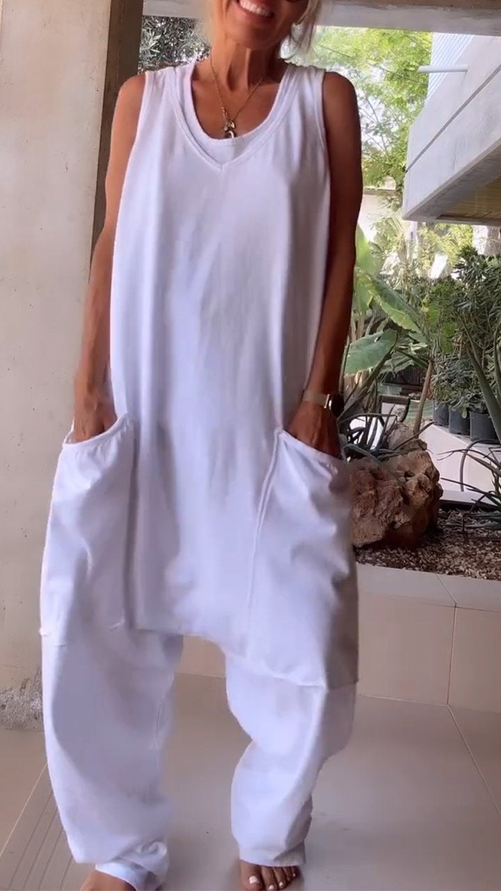 Weißer Ärmelloser V-Ausschnitt Jumpsuit - Fleur