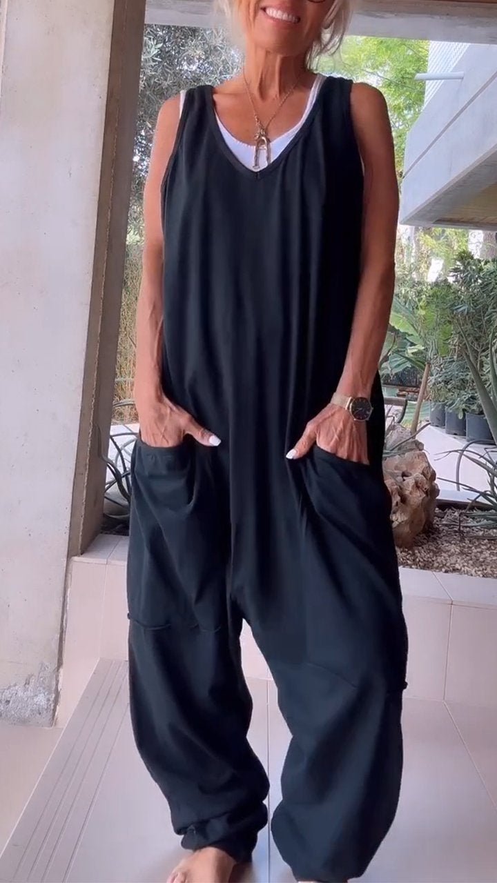 Weißer Ärmelloser V-Ausschnitt Jumpsuit - Fleur