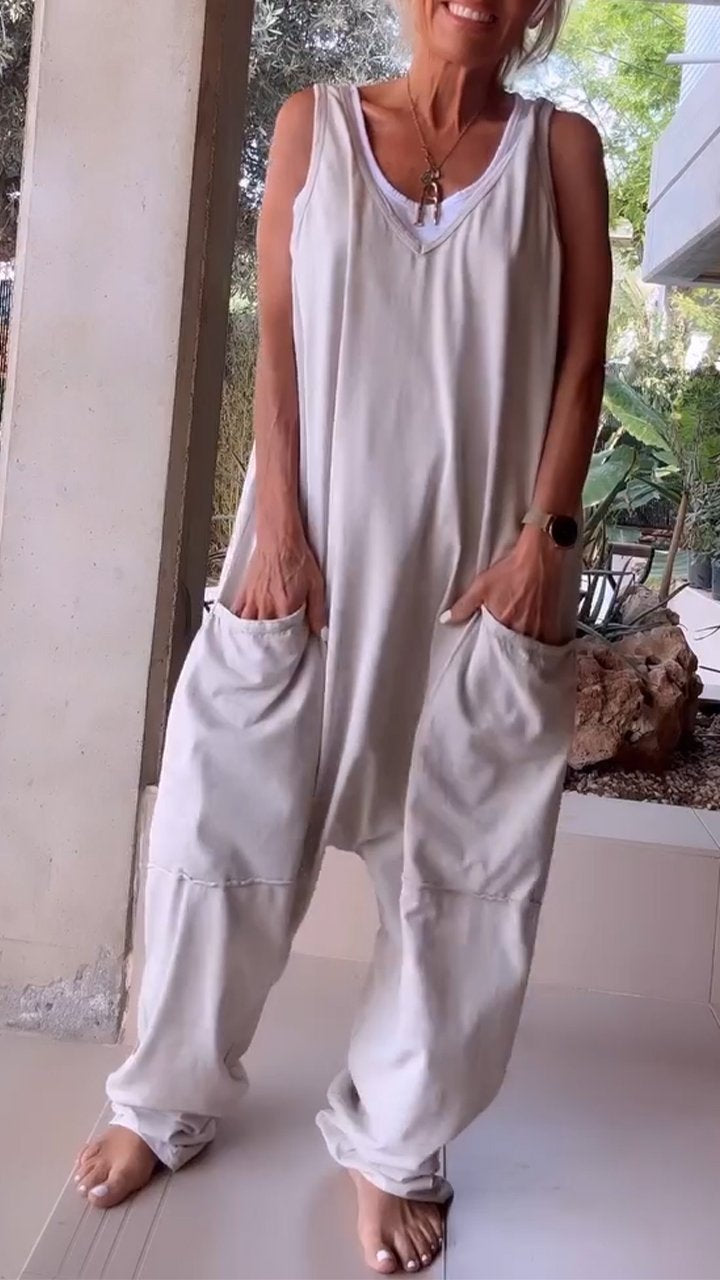 Weißer Ärmelloser V-Ausschnitt Jumpsuit - Fleur