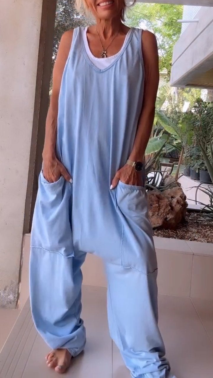 Weißer Ärmelloser V-Ausschnitt Jumpsuit - Fleur