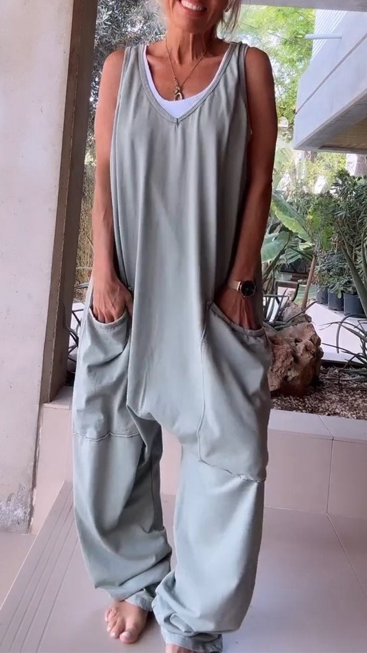 Weißer Ärmelloser V-Ausschnitt Jumpsuit - Fleur