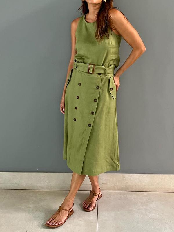 Cora - Grünes ärmelloses Kleid mit Gürtel und Knöpfen