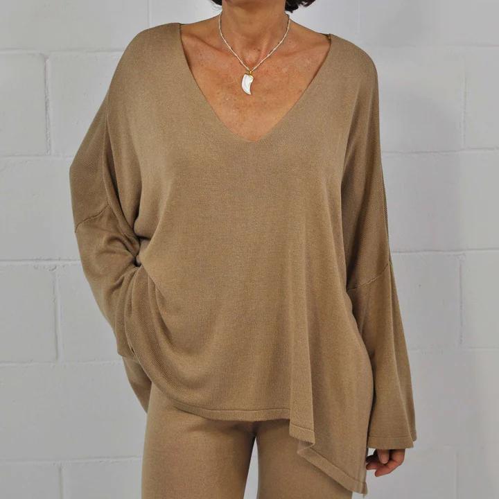 Amelia - Khaki Gestricktes Freizeitset mit Bluse und Hose
