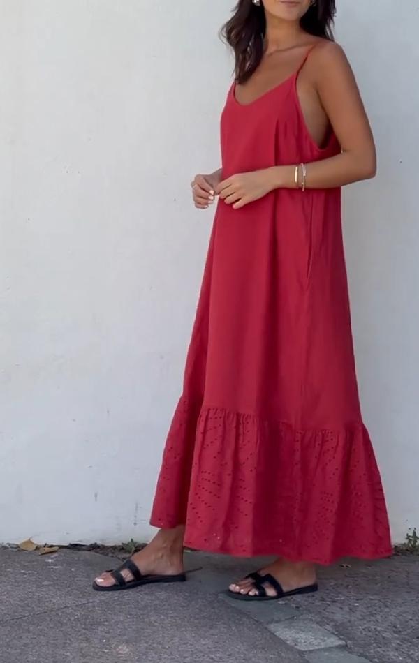Lola - Rotes V-Ausschnitt-Kleid mit Ausgeschnittener Saum