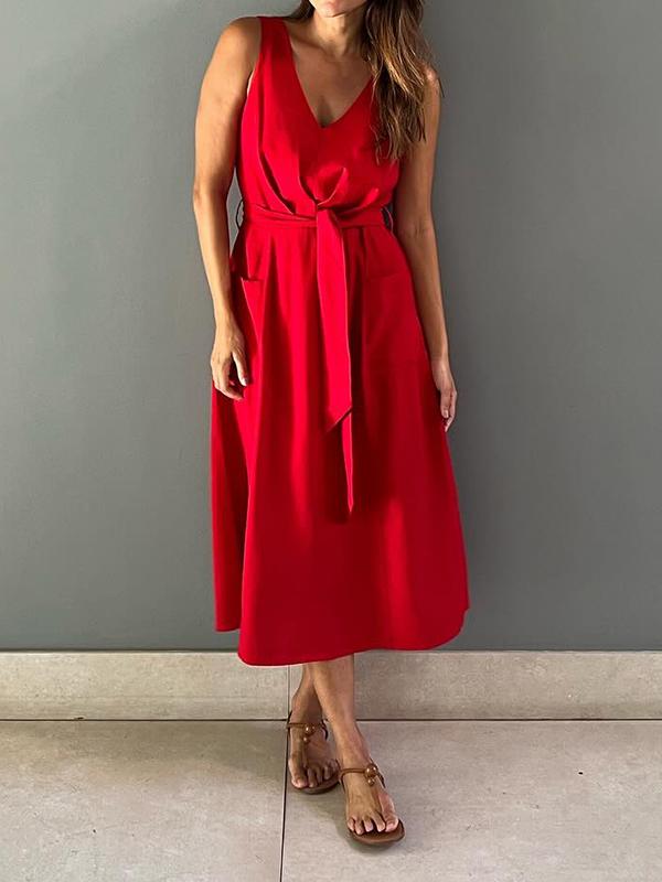 Ruby - Rotes Ärmelloses Kleid aus Baumwolle und Leinen