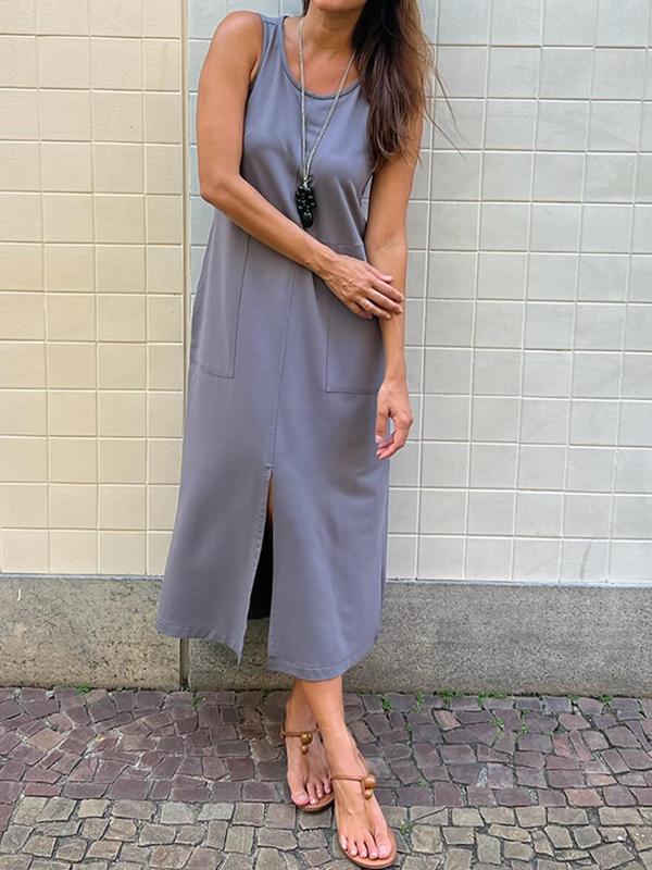 Clara - Graues ärmelloses Kleid mit Rundhalsausschnitt
