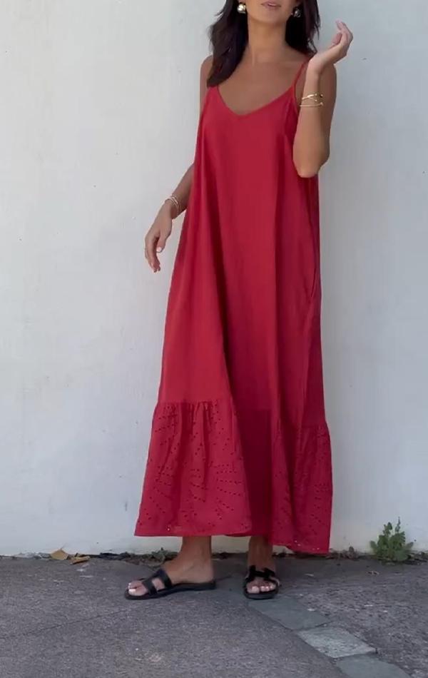 Lola - Rotes V-Ausschnitt-Kleid mit Ausgeschnittener Saum