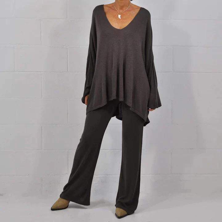 Amelia - Khaki Gestricktes Freizeitset mit Bluse und Hose