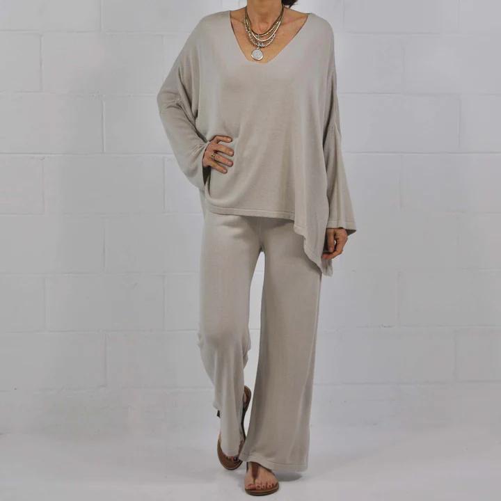 Amelia - Khaki Gestricktes Freizeitset mit Bluse und Hose