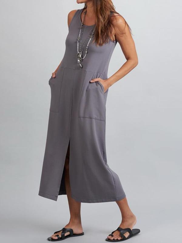 Clara - Graues ärmelloses Kleid mit Rundhalsausschnitt