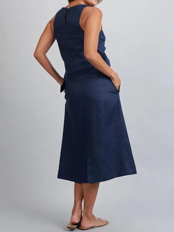 Cora - Grünes ärmelloses Kleid mit Gürtel und Knöpfen